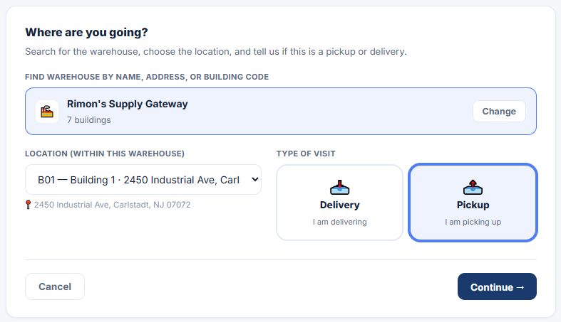 thisDock carrier portal for choosing a warehouse location and delivery or pickup appointment type