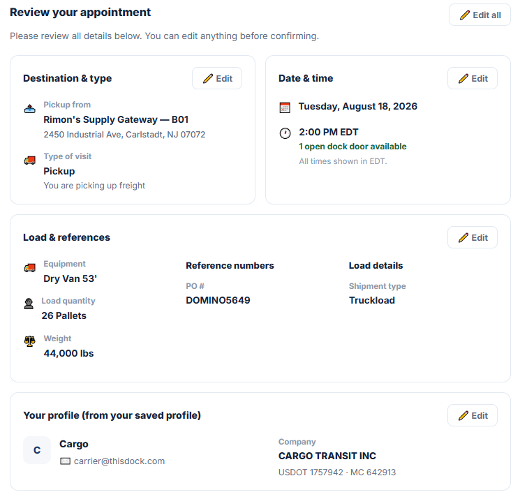 thisDock carrier appointment review showing destination, date, time, load details, and verified USDOT and MC carrier profile