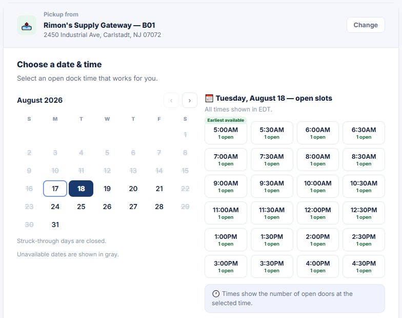 thisDock dock appointment calendar showing available dates and open appointment time slots