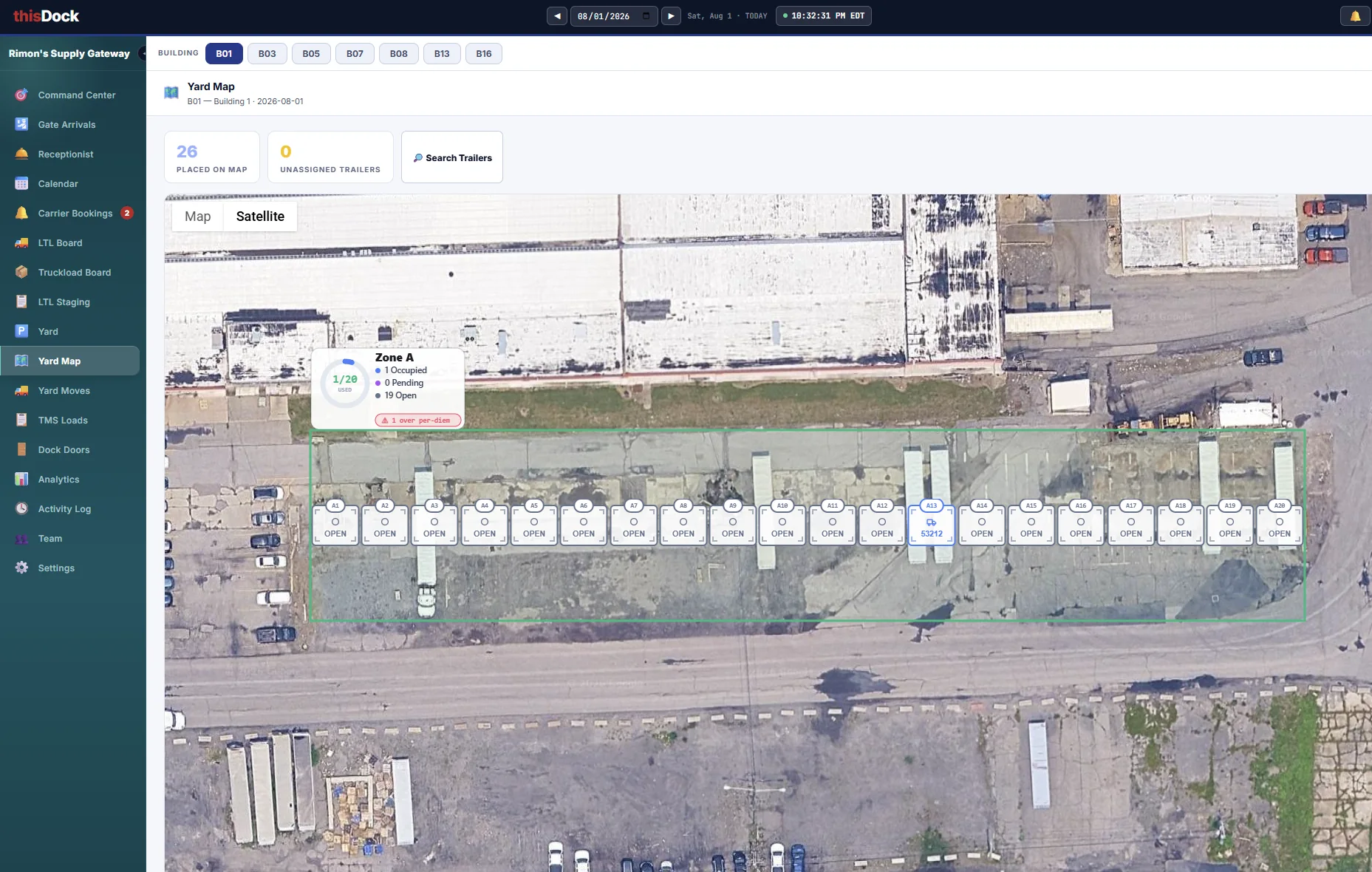 Satellite yard map in thisDock with a configurable 20-spot zone and a trailer assigned to spot A13